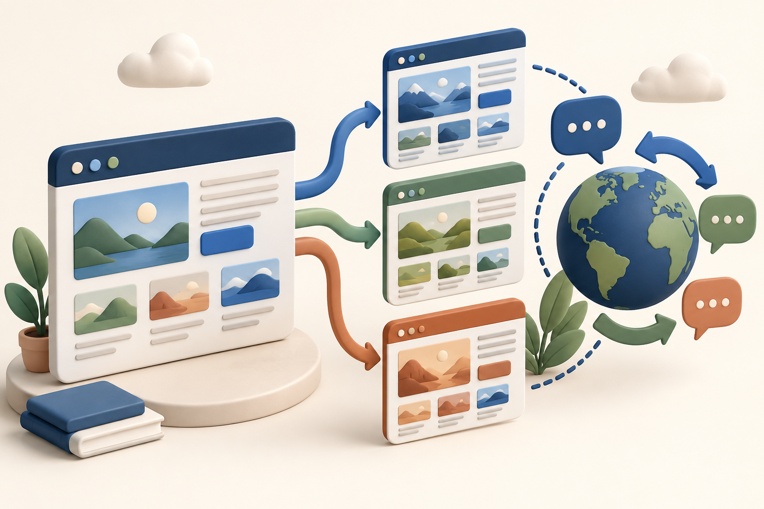 Illustration of one website branching into three localised versions connected to a globe