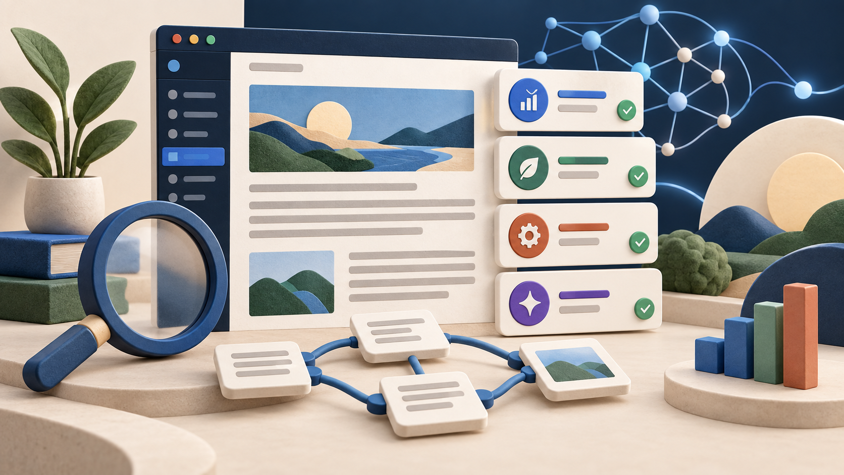 Illustration of an SEO interface with content suggestions, link graphs and analytics