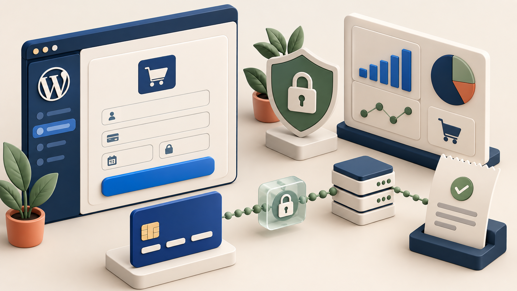 Illustration of a WordPress checkout form, card, security shield and transaction dashboard