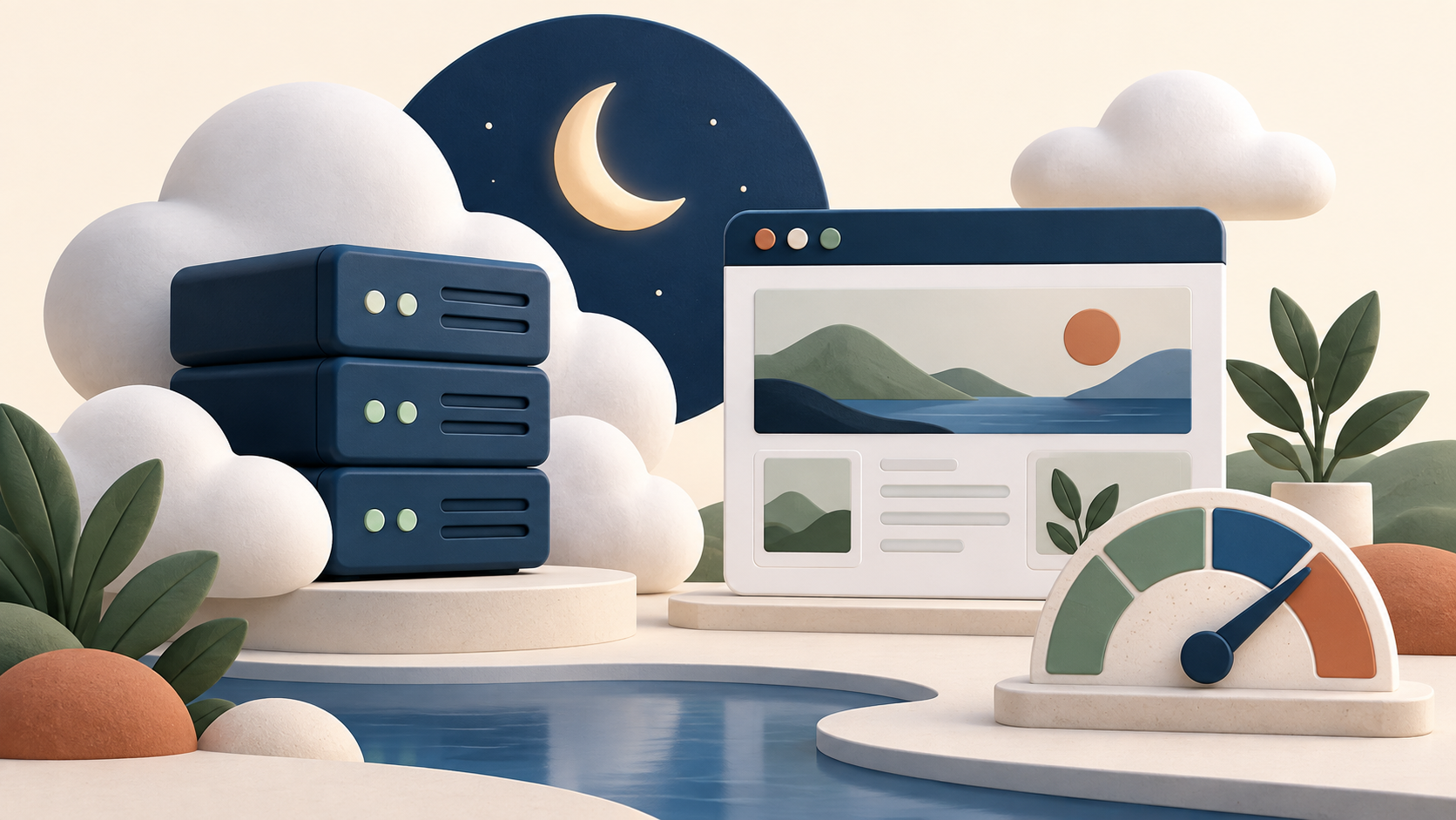 Illustrated server stack beside a website window and a performance gauge